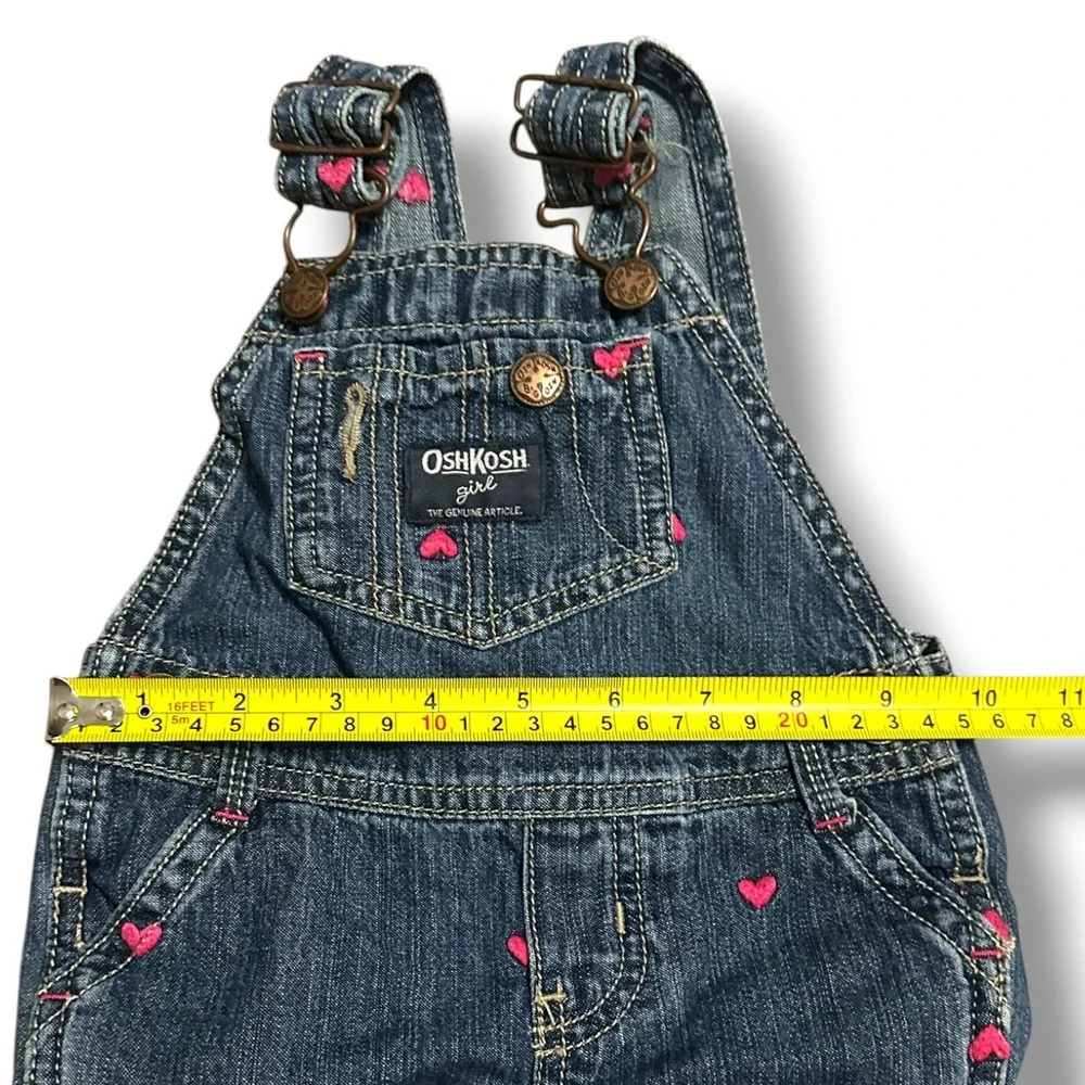 OshKosh B'Gosh Embroidered Vestbak Bib Overalls Cotton Dark Wash Hearts 9 Mos